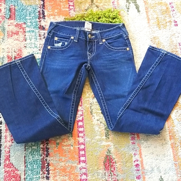 Y2k TRUE RELIGION Joey Dark Low FLARE HorseShoe Topstitched Bell IT Jeans 29 EUC - Picture 5 of 16